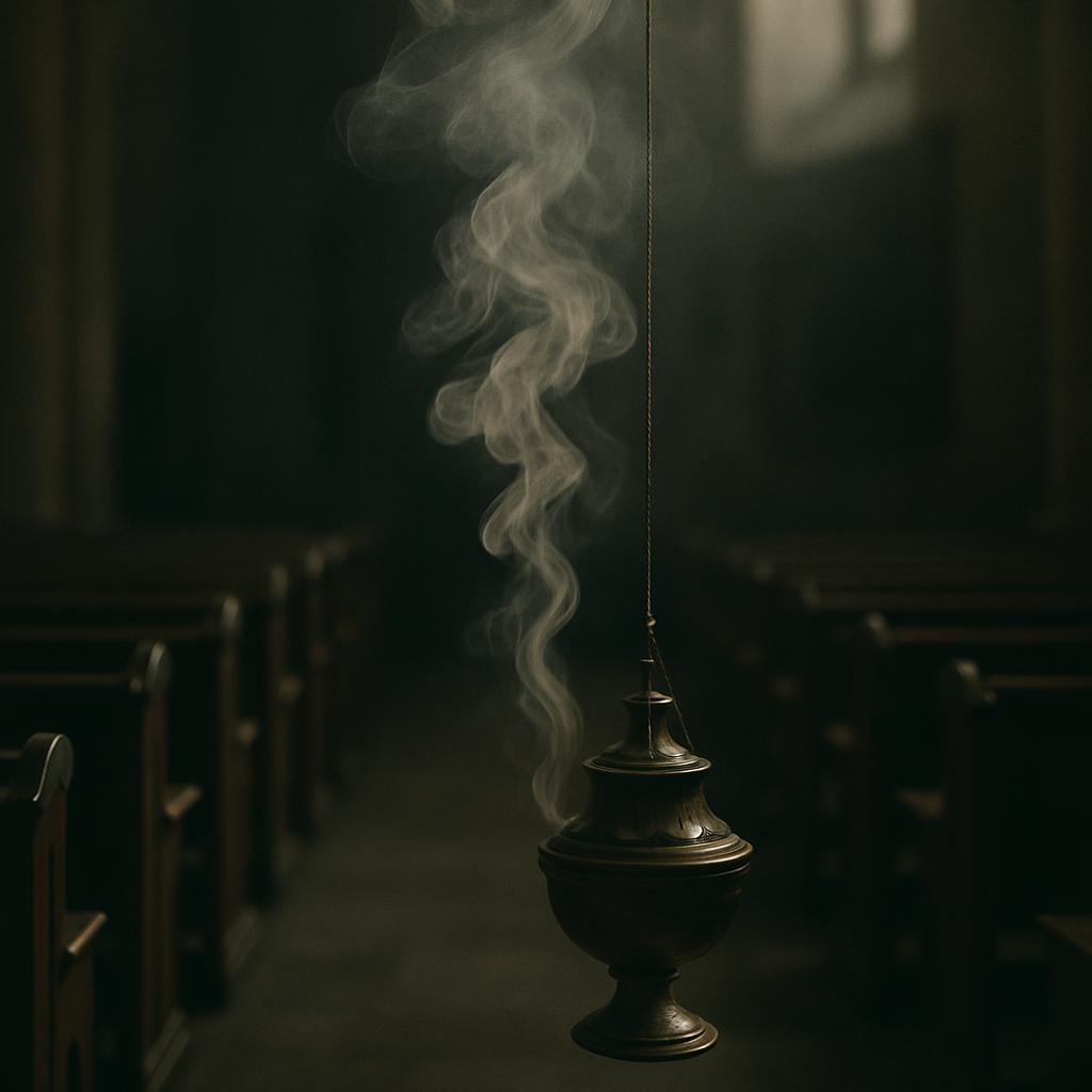 An incense burner suspended by a rope in a hazy, darkly lit room with a row of church pews booking the distance.