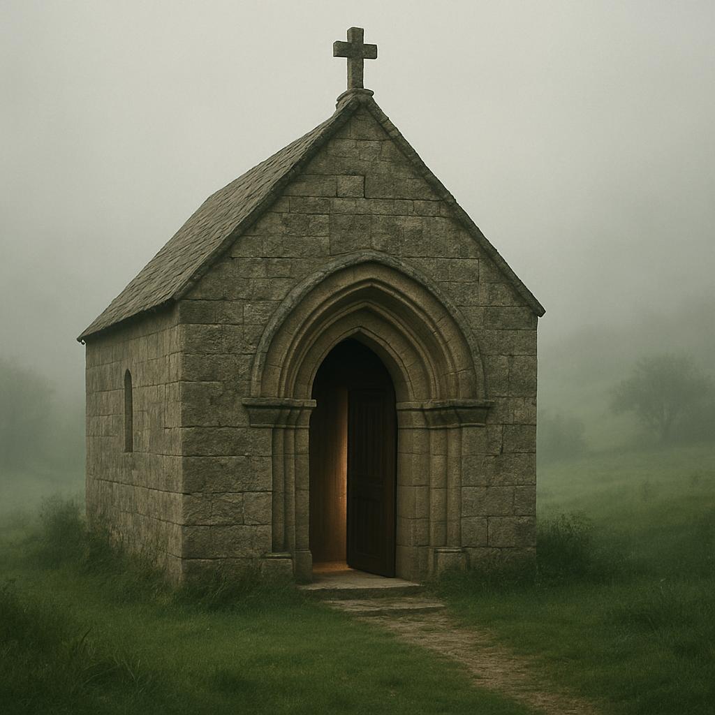 An old stone chapel on a foggy day.