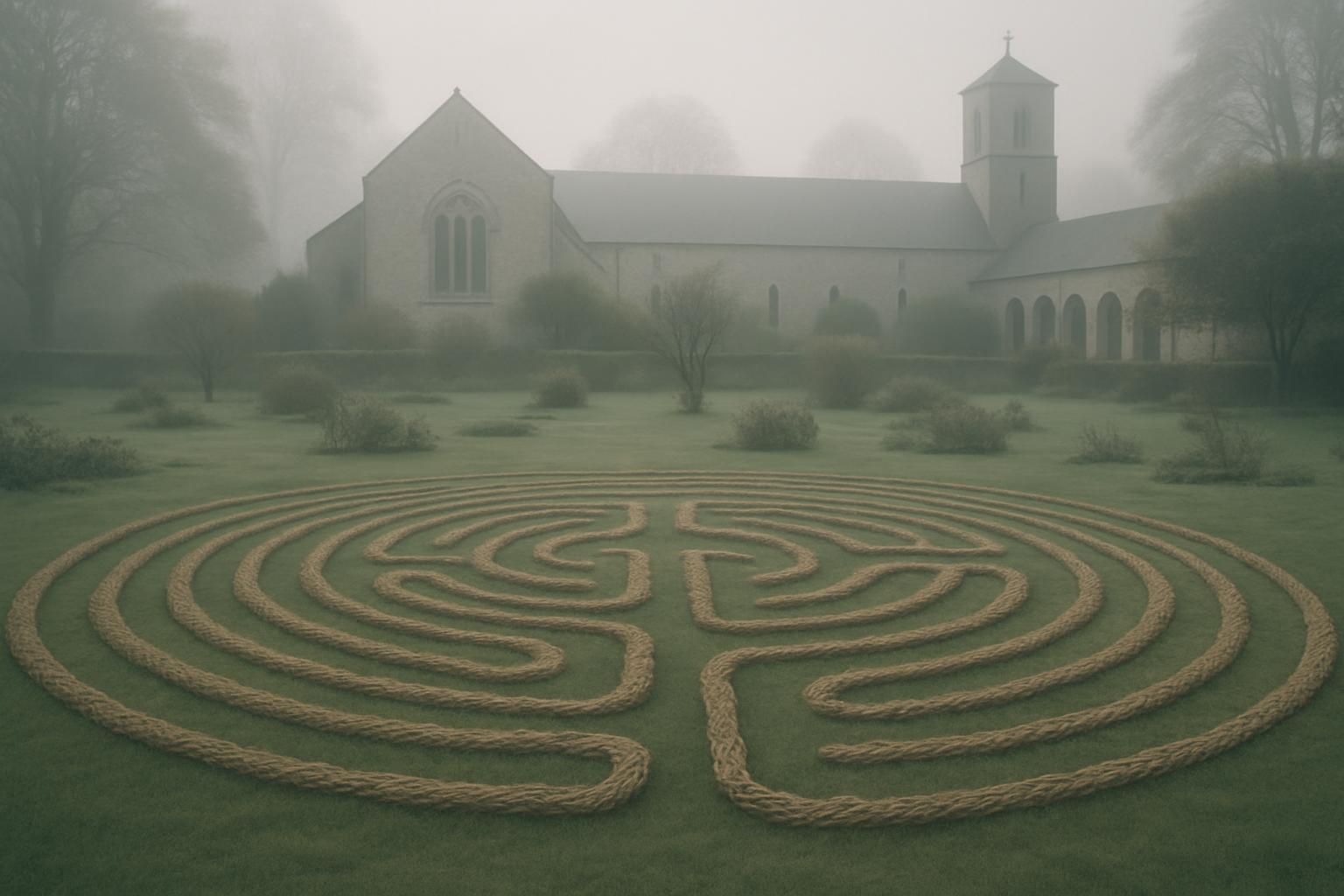 A large church with a maze of rope leading to its center on a misty lawn.