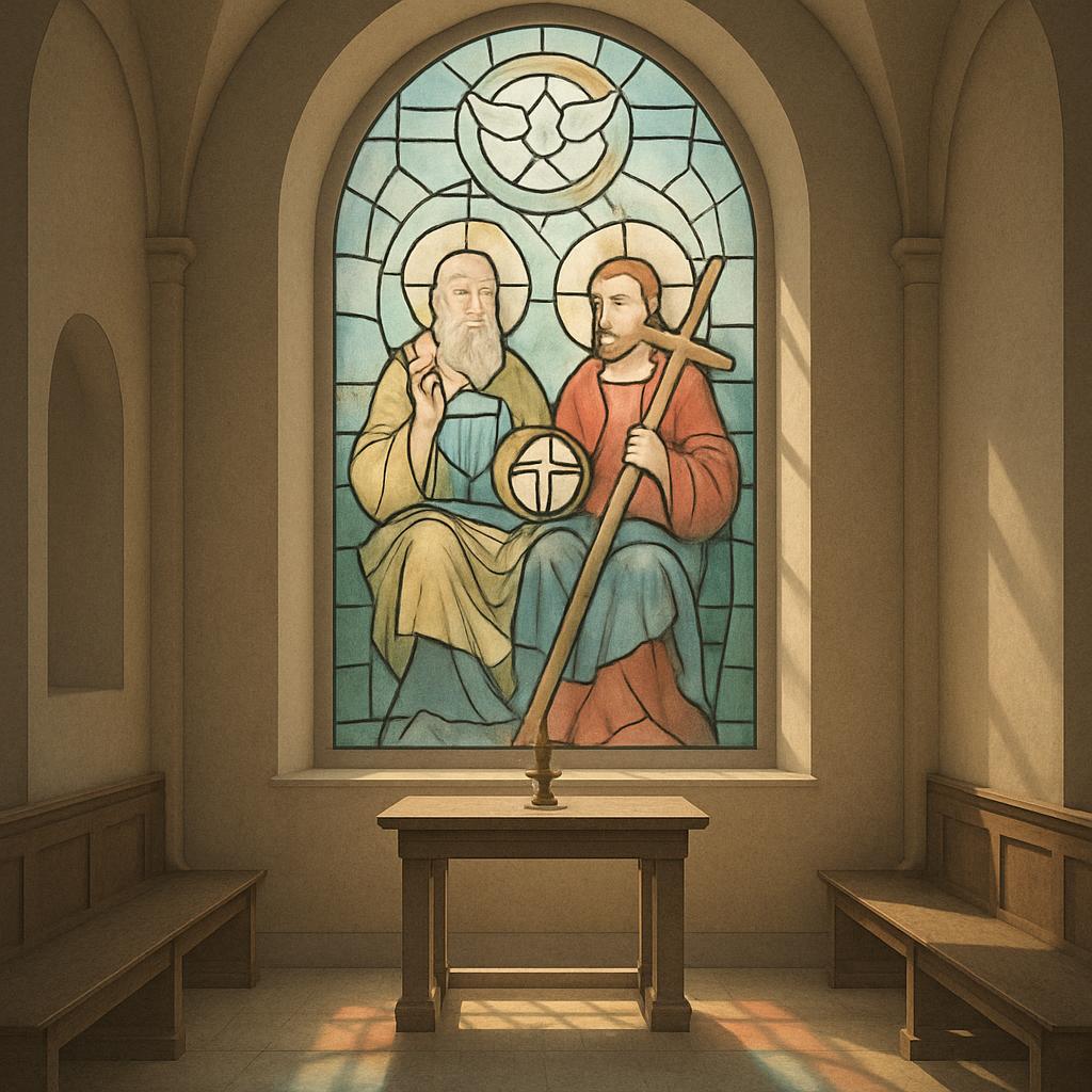 A stained glass window of Saint Matthew and Saint Jude in a dimly lit, neutral-toned room with natural light entering and ...