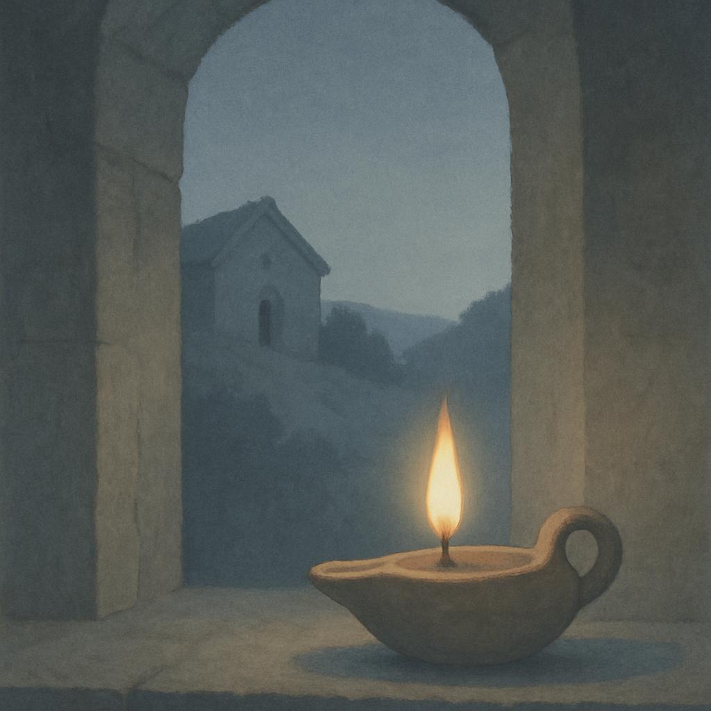 Painting depicting a clay oil lamp lit indoors with a large stone-topped window with an arched frame, overlooking the hill...