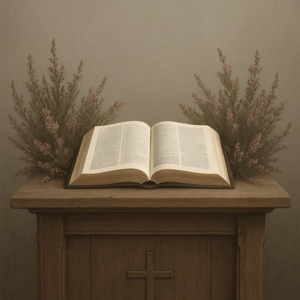 A large open Bible rests on a wooden altar adorned with two small pink flowering plants.