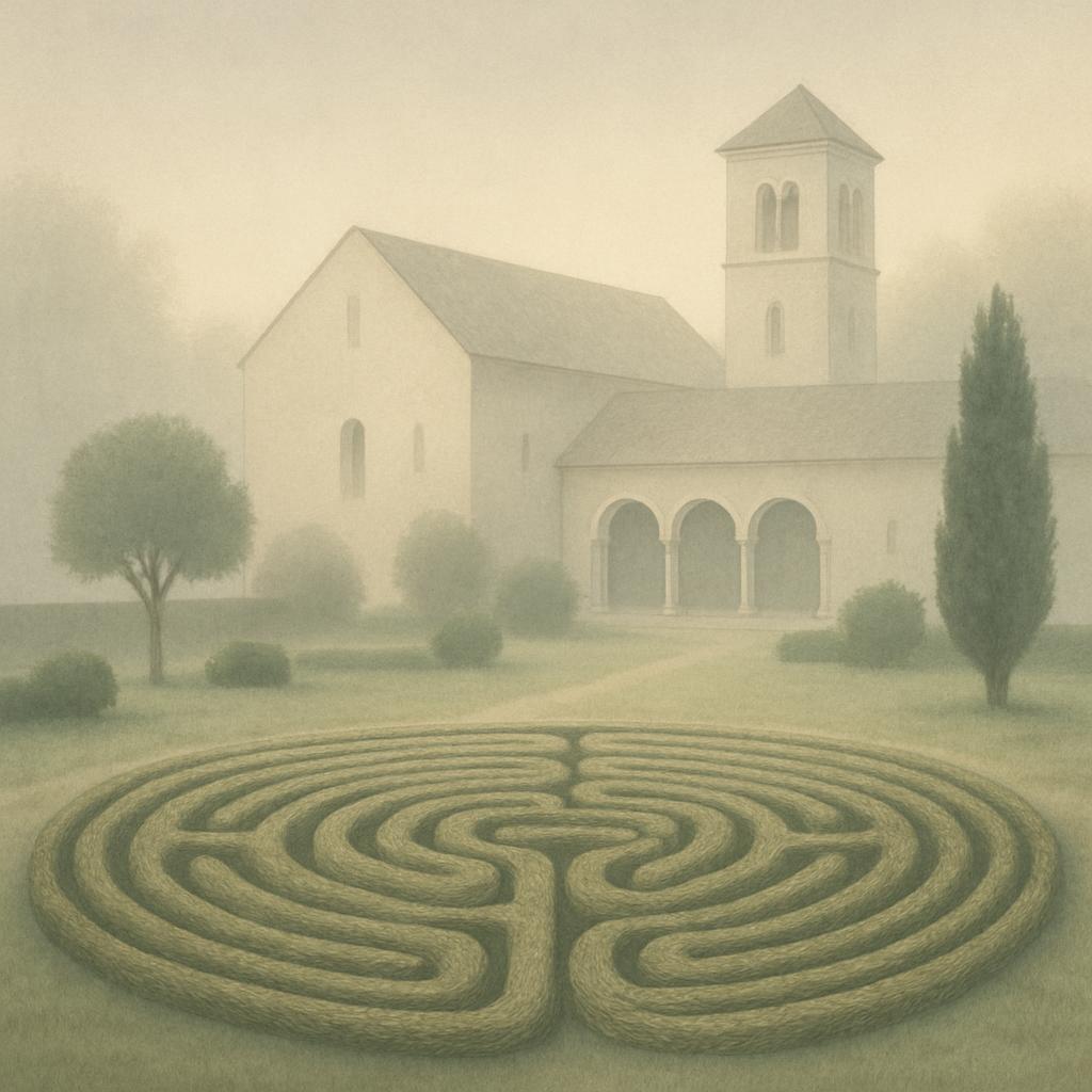 An antiques drawing of a labyrinth type of garden in a temperate landscape.